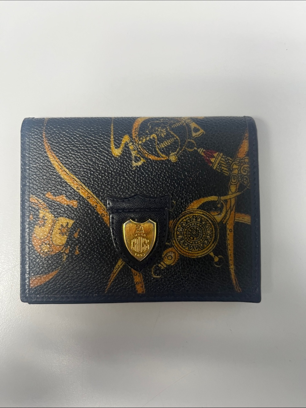 Mark Cross Navy Leather Photo Case with Gold Shield Accent